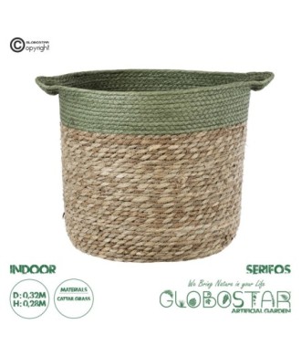 GloboStar® Artificial Garden SERIFOS 20328 Διακοσμητικό Πλεκτό Καλάθι - Κασπώ Γλάστρα - Flower Pot Μπεζ με Κυπαρισσί Φ32cm x Υ28cm